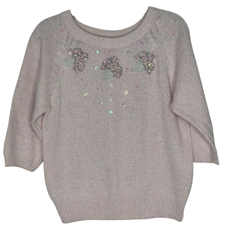 Vintage Rafferty Pink Silk Angora Sequin Beaded Shimmer Sweater Women's M Fairy
